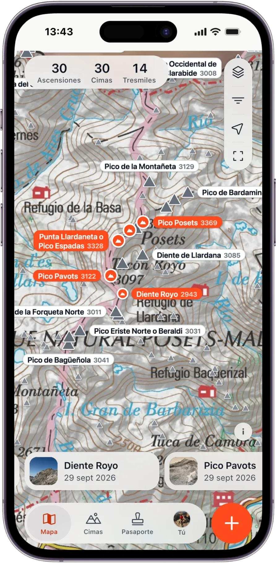 Topographic map of the Posets massif with climbed peaks in orange