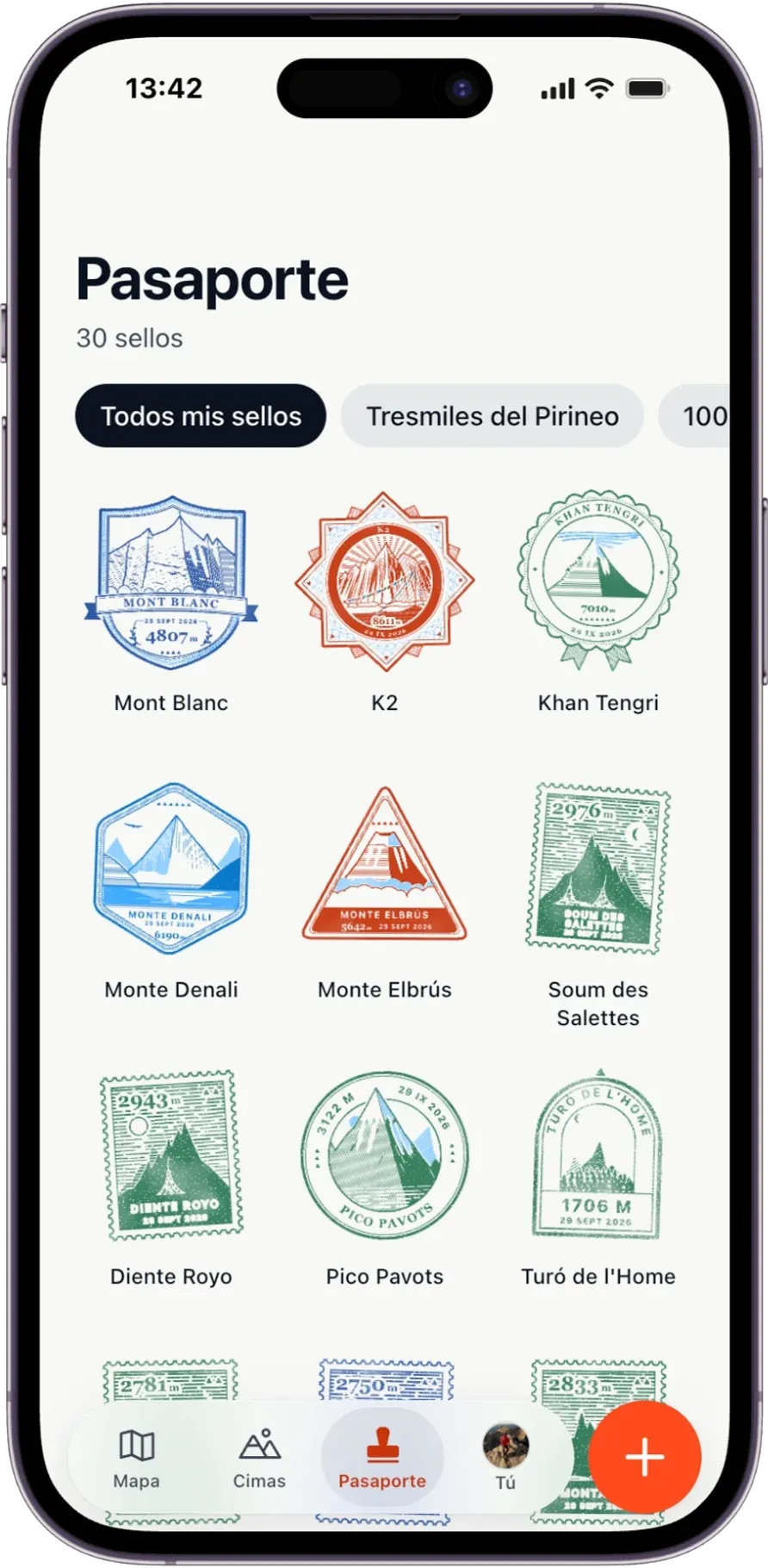 Passport screen with stamps from Mont Blanc, K2 and Pyrenean peaks